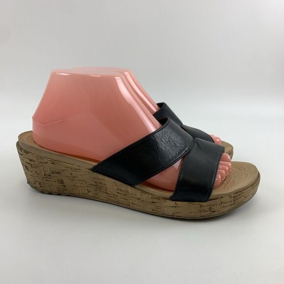Crocs A-Leigh Leather Wedge Sandal Black Cork Slip On Comfort 16205 Womens 9 - Picture 2 of 14